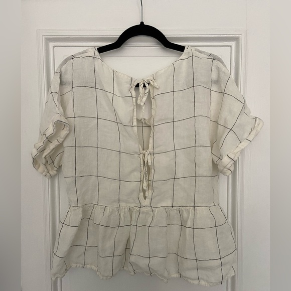 Mango Linen Blend White & Black Checkered Top Blouse w/ Open Tie Back and V neck - Picture 6 of 9
